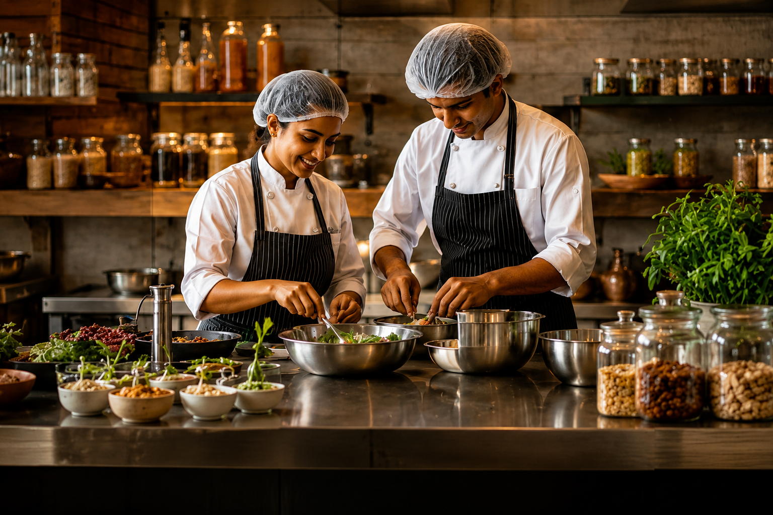 Chefs preparing millet meals in a professional kitchen